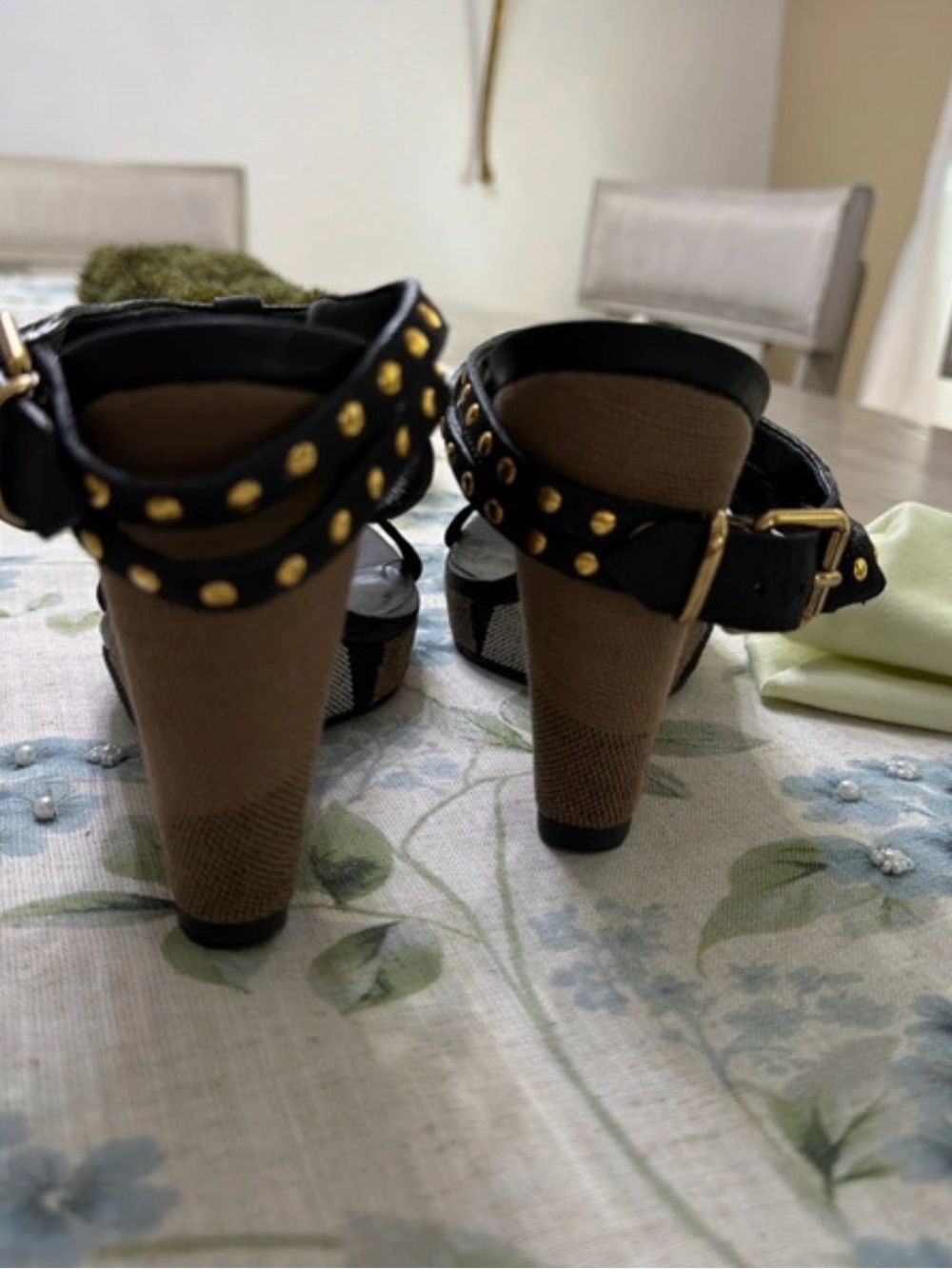 Burberry Black Leather Studded Check Wedge Sandals - Picture 3 of 4